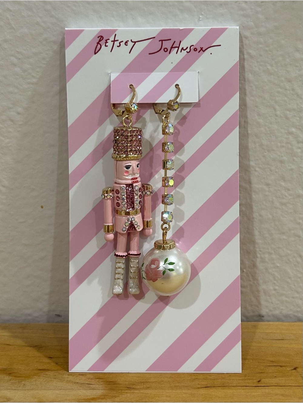 Betsey Johnson Pink Nutcracker Pearl Mismatched Christmas Earrings Bling